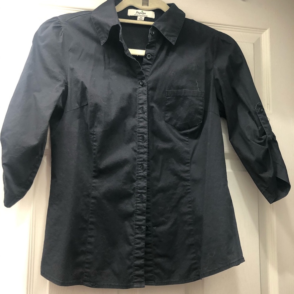 Black Button Down 3/4 Sleeve Dress Shirt